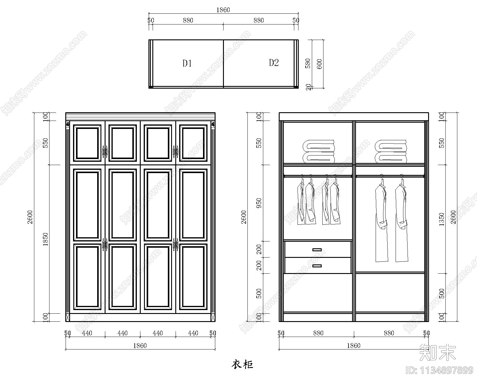 衣柜三视图cad施工图下载【ID:1134897899】