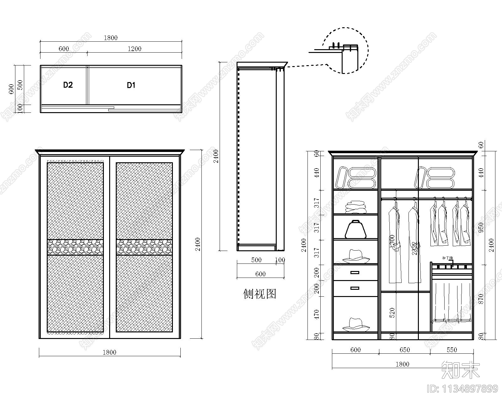 衣柜三视图cad施工图下载【ID:1134897899】