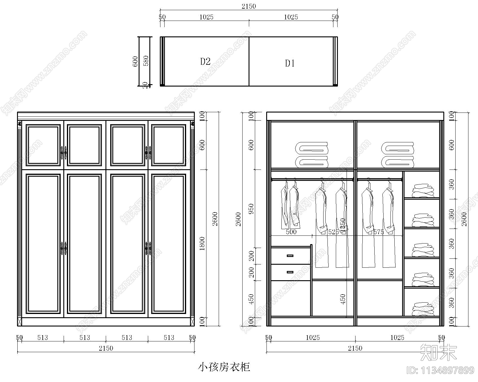 衣柜三视图cad施工图下载【ID:1134897899】