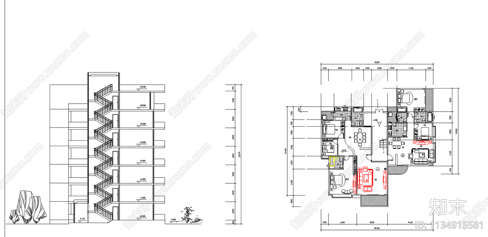 跃层式住宅楼户型平面图施工图下载【ID:1134915581】