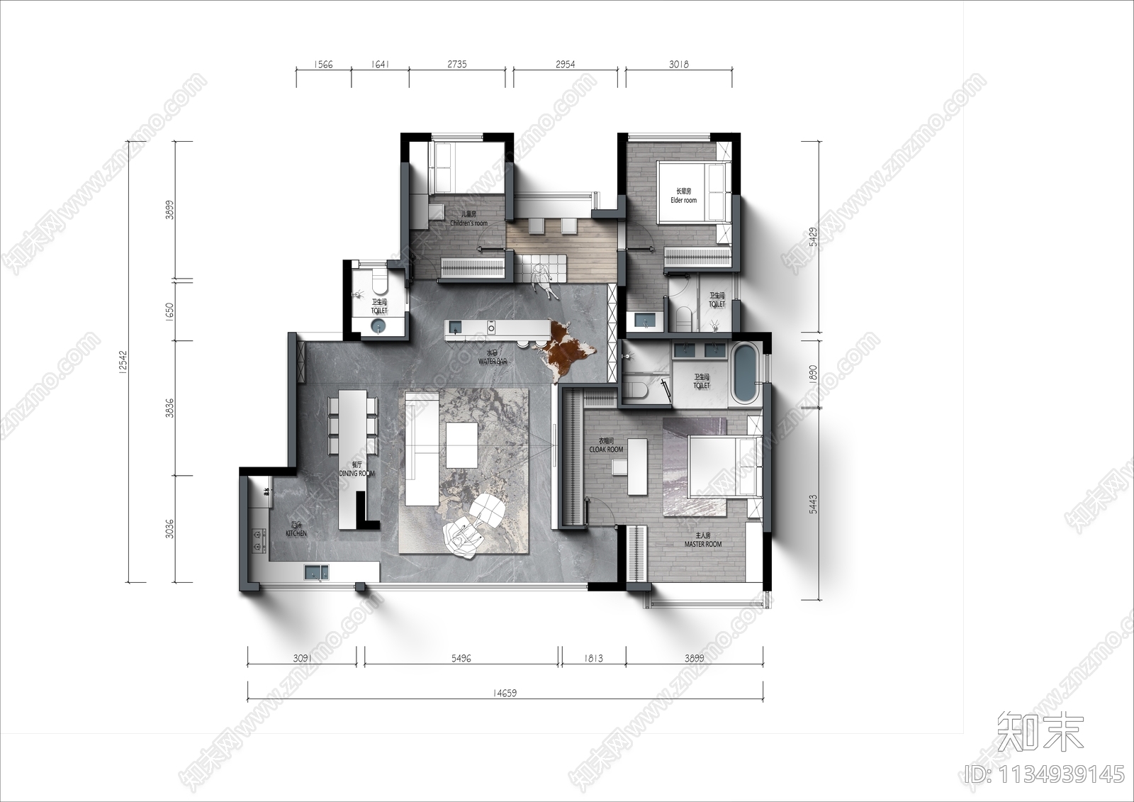 平层家装平面布置图施工图下载【ID:1134939145】
