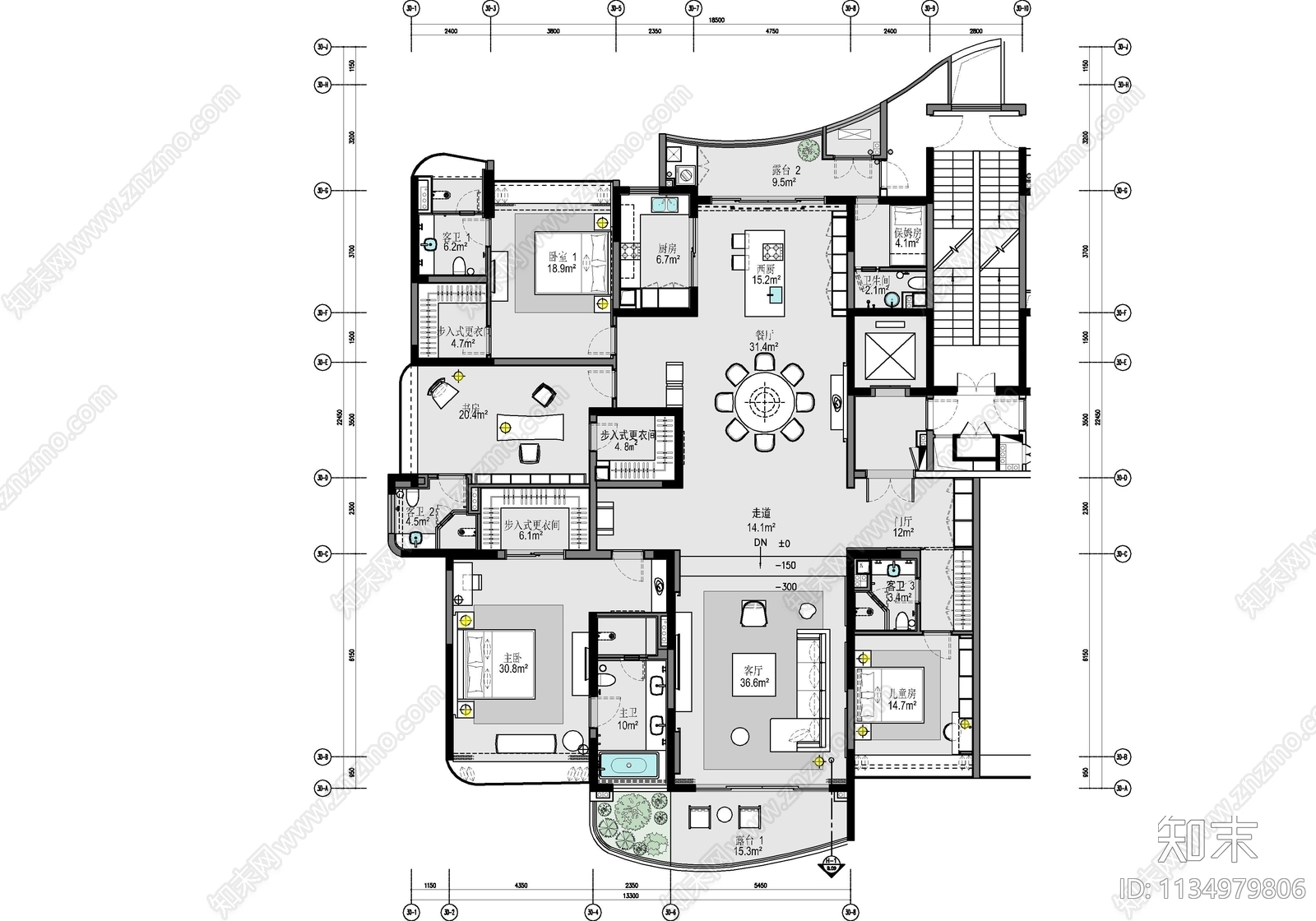 300㎡大平层家装cad施工图下载【ID:1134979806】