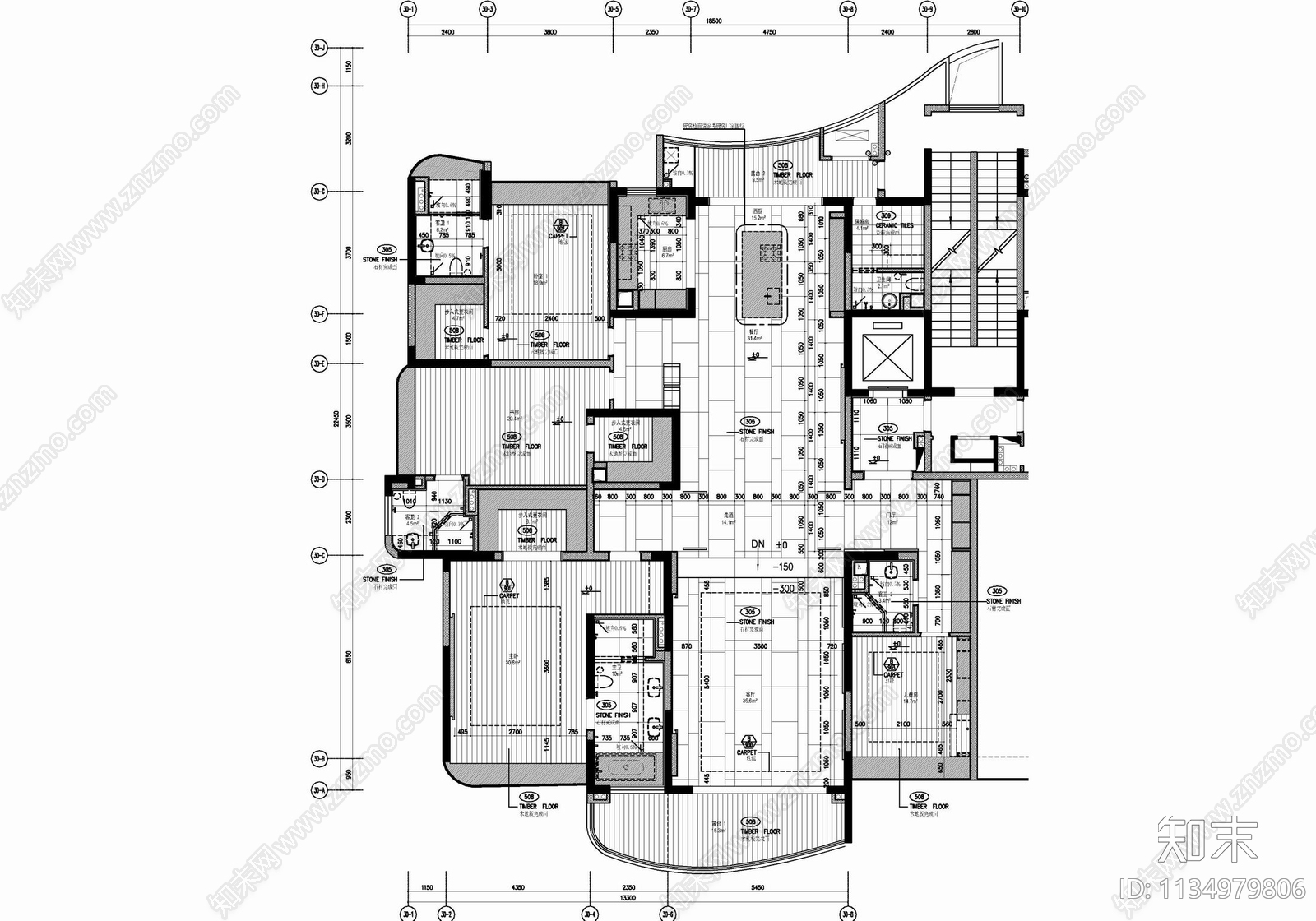 300㎡大平层家装cad施工图下载【ID:1134979806】