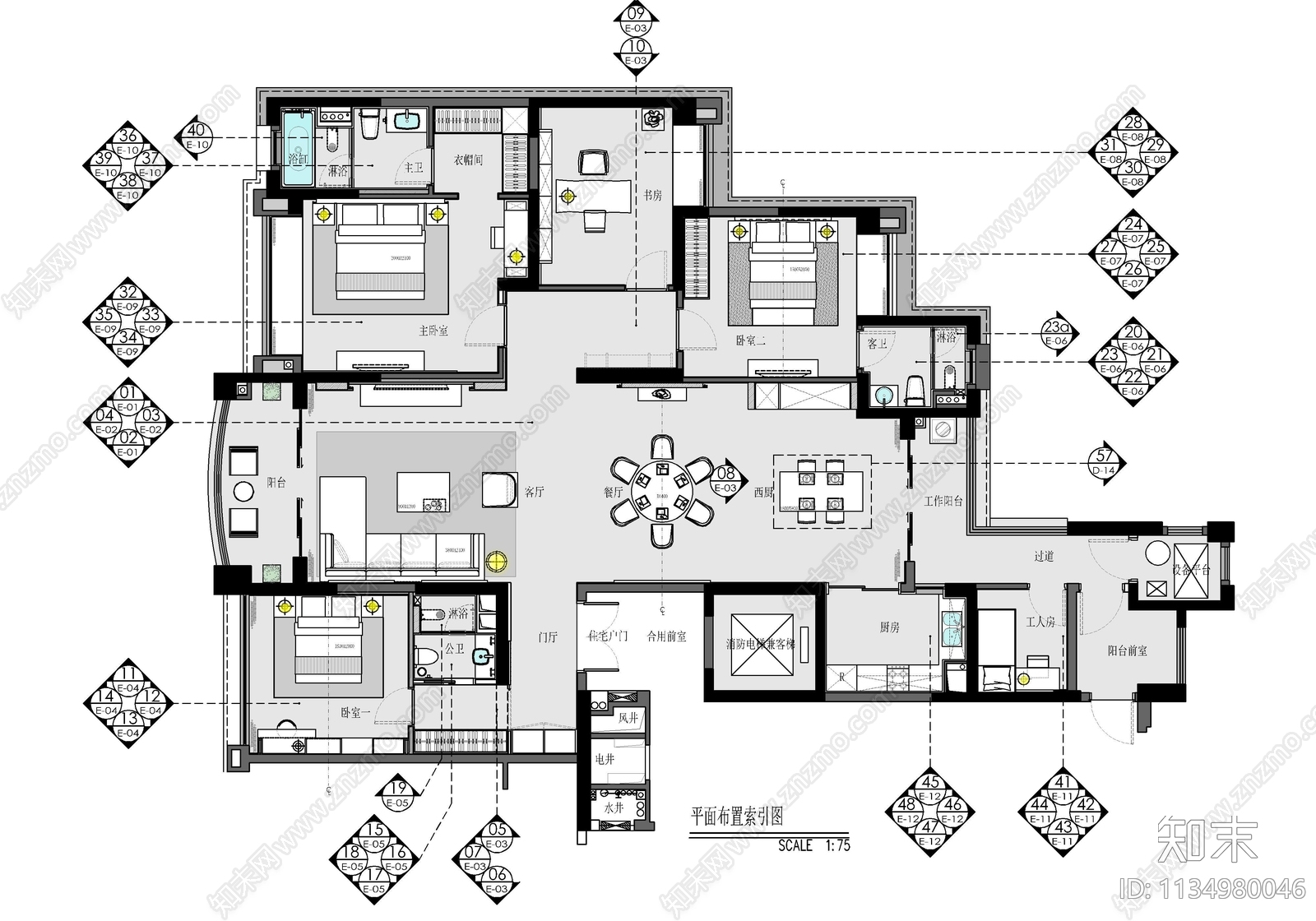 260㎡大平层家装cad施工图下载【ID:1134980046】