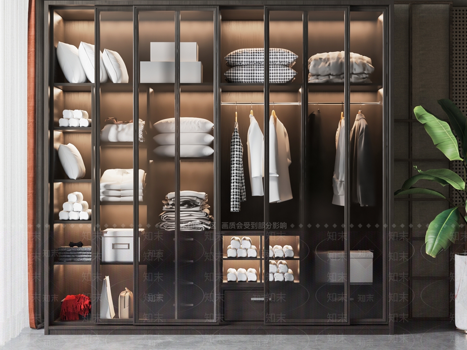 新中式玻璃推拉门衣柜SU模型下载【ID:1135018946】