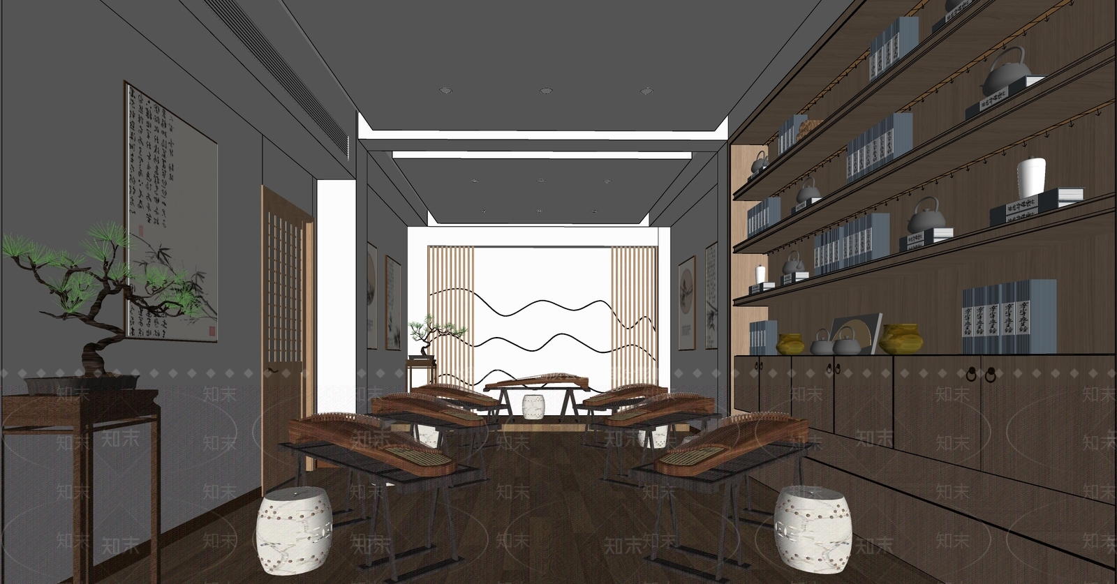 新中式古筝教室SU模型下载【ID:1135022030】