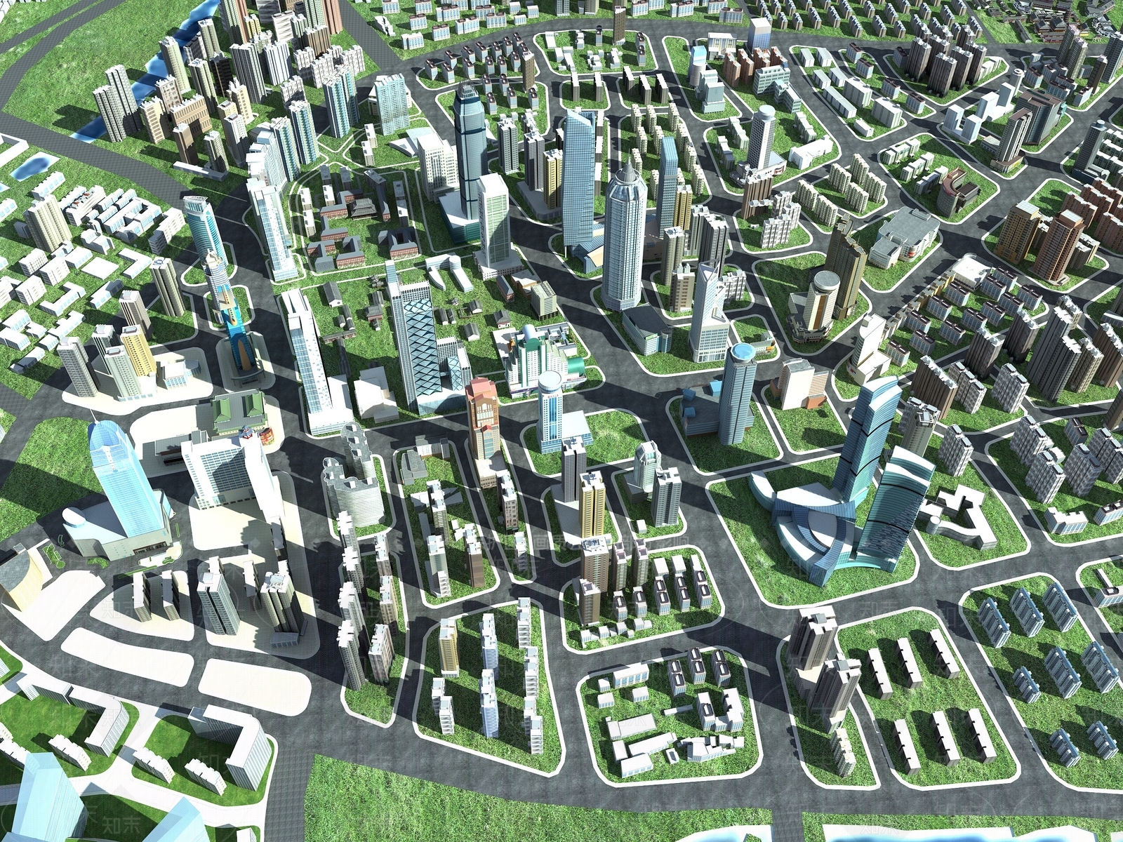 现代城市鸟瞰规划3D模型下载【ID:1135030167】