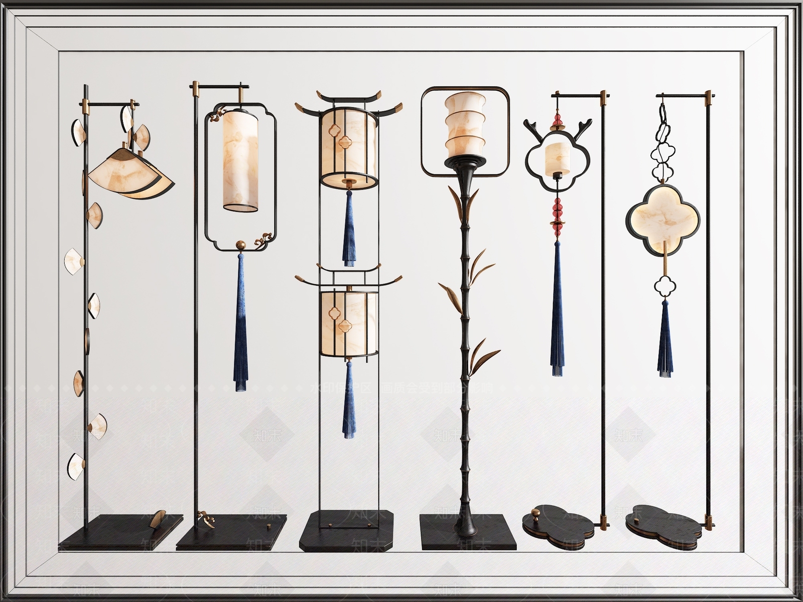 新中式轻奢流苏金属落地灯组合3D模型下载【ID:1135034674】