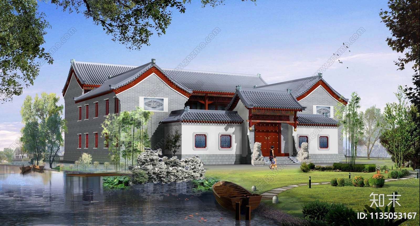 二层仿古四合院建筑效果图施工图下载【ID:1135053167】