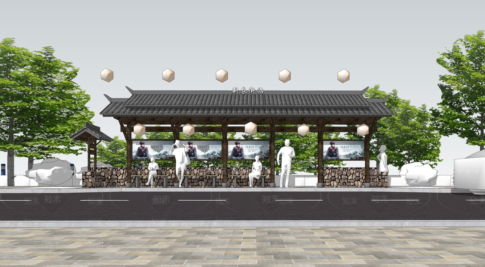 新中式公交站台SU模型下载【ID:1135057602】