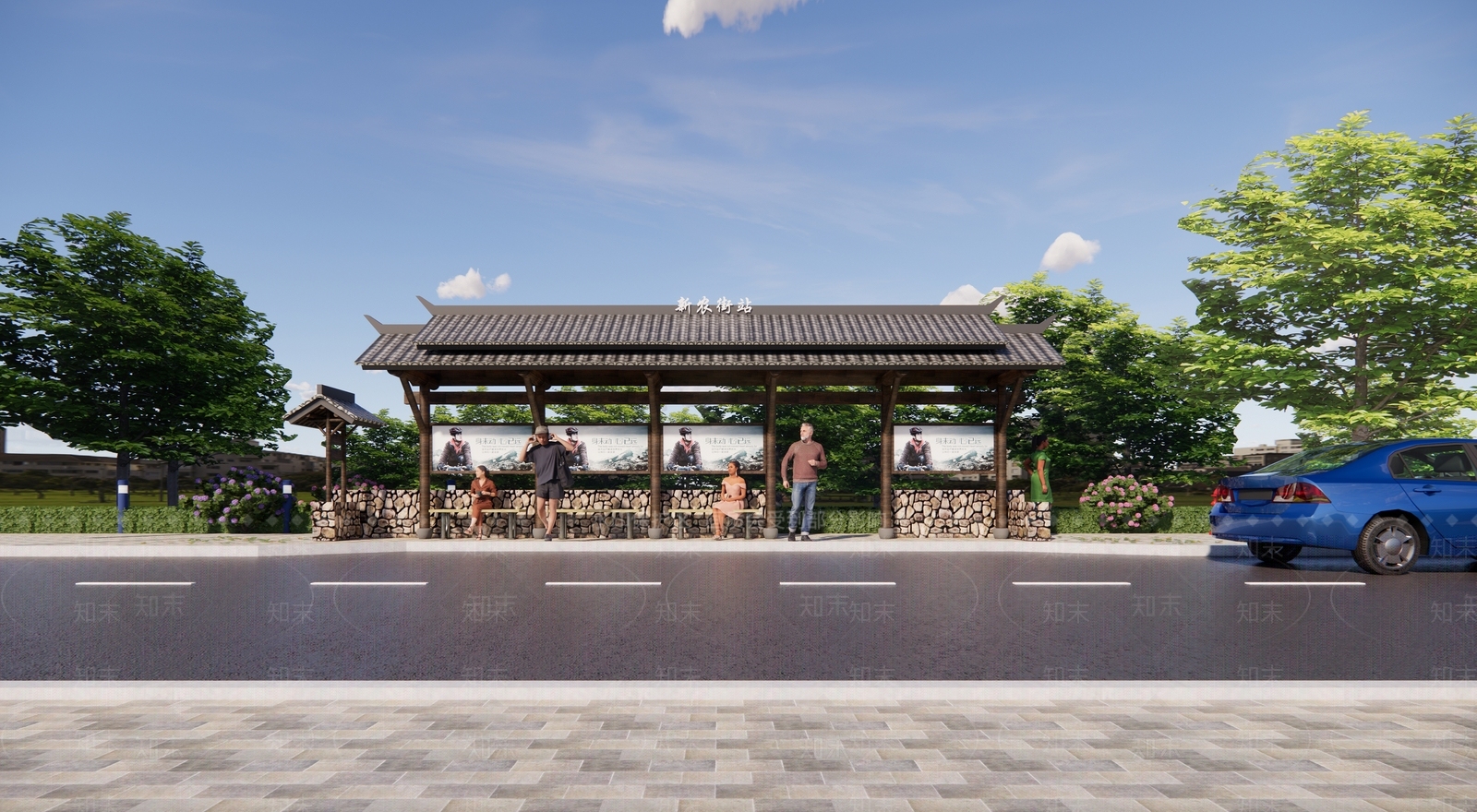 新中式公交站台SU模型下载【ID:1135057602】