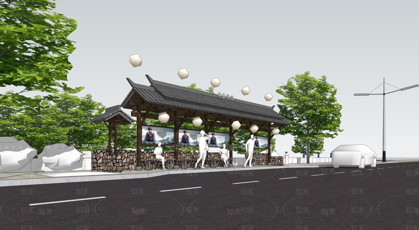新中式公交站台SU模型下载【ID:1135057602】