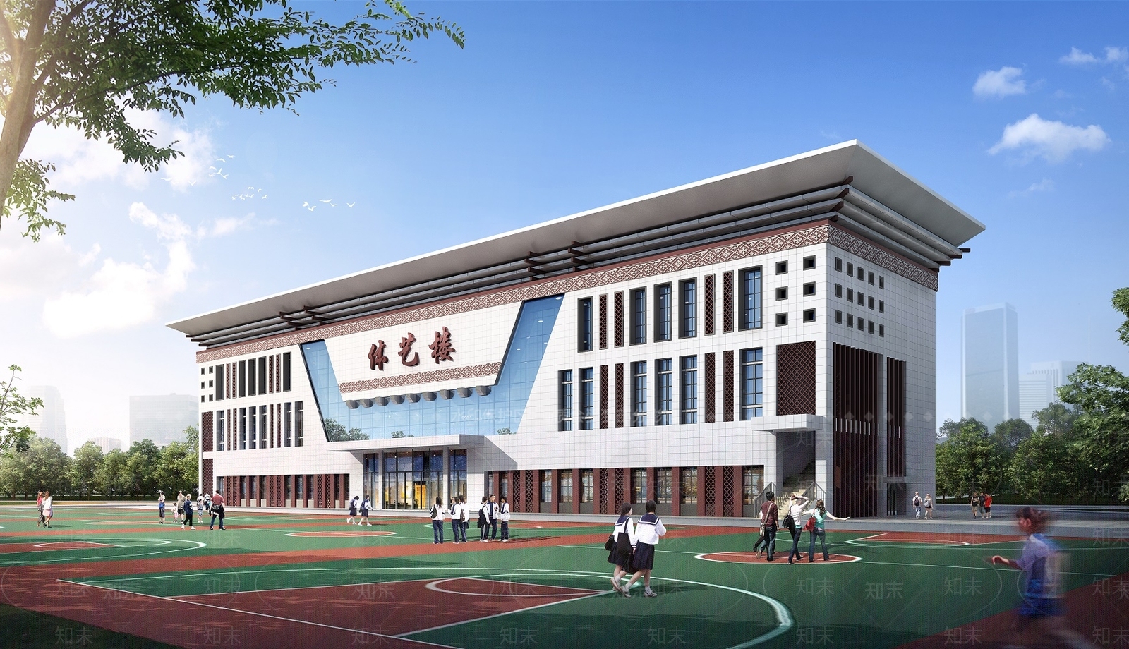 新中式高中学校体育馆3D模型下载【ID:1135063853】