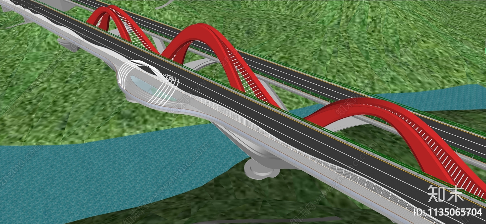 现代特色红飘带大桥SU模型下载【ID:1135065704】