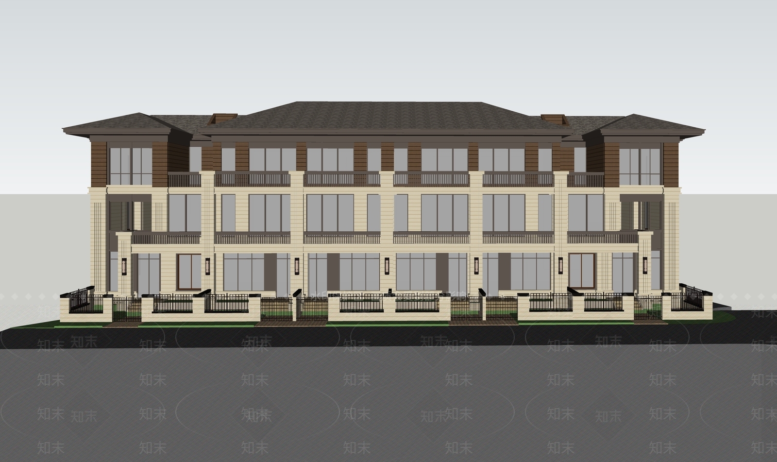 中式联排别墅坡地建筑SU模型下载【ID:1135078662】