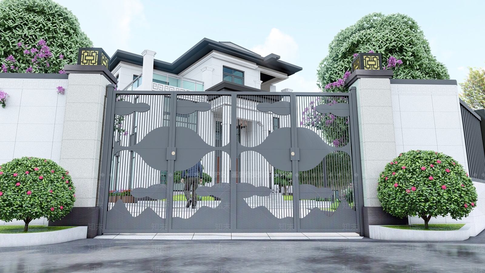 新中式别墅入口铁艺门格栅大门SU模型下载【ID:1135084456】