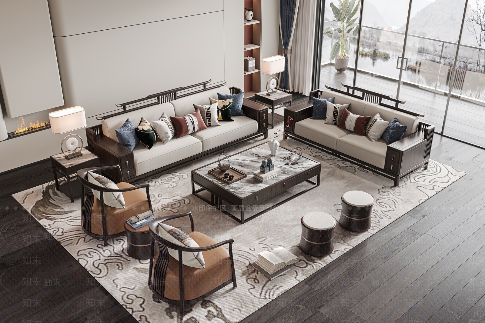 新中式沙发茶几组合3D模型下载【ID:1135104011】