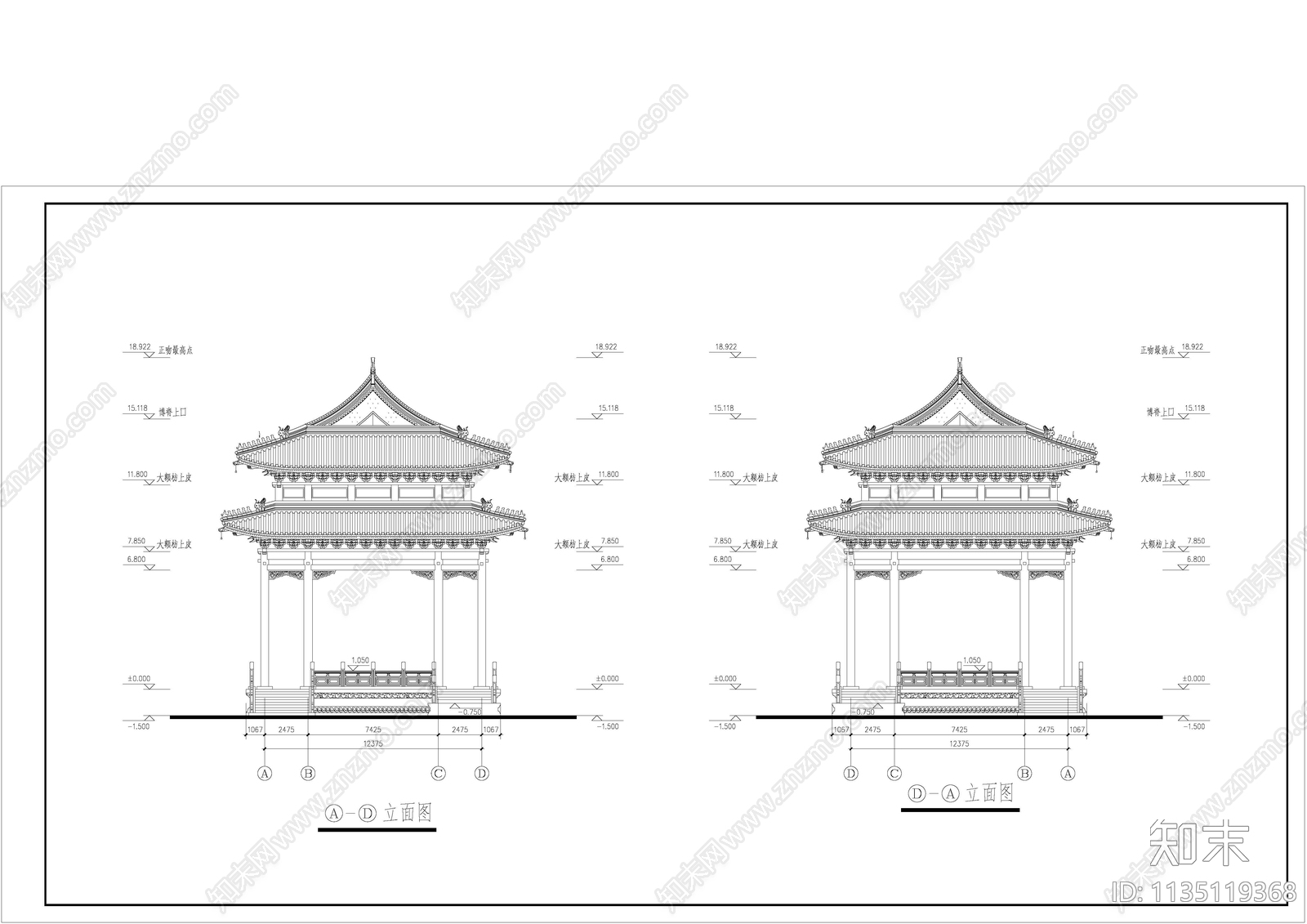 景区重檐亭cad施工图下载【ID:1135119368】