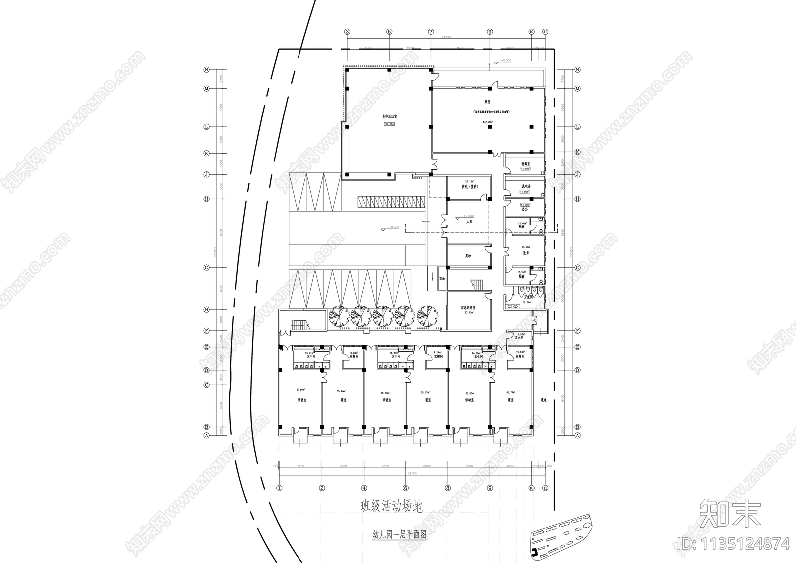 现代社区幼儿园建筑效果图cad施工图下载【ID:1135124874】