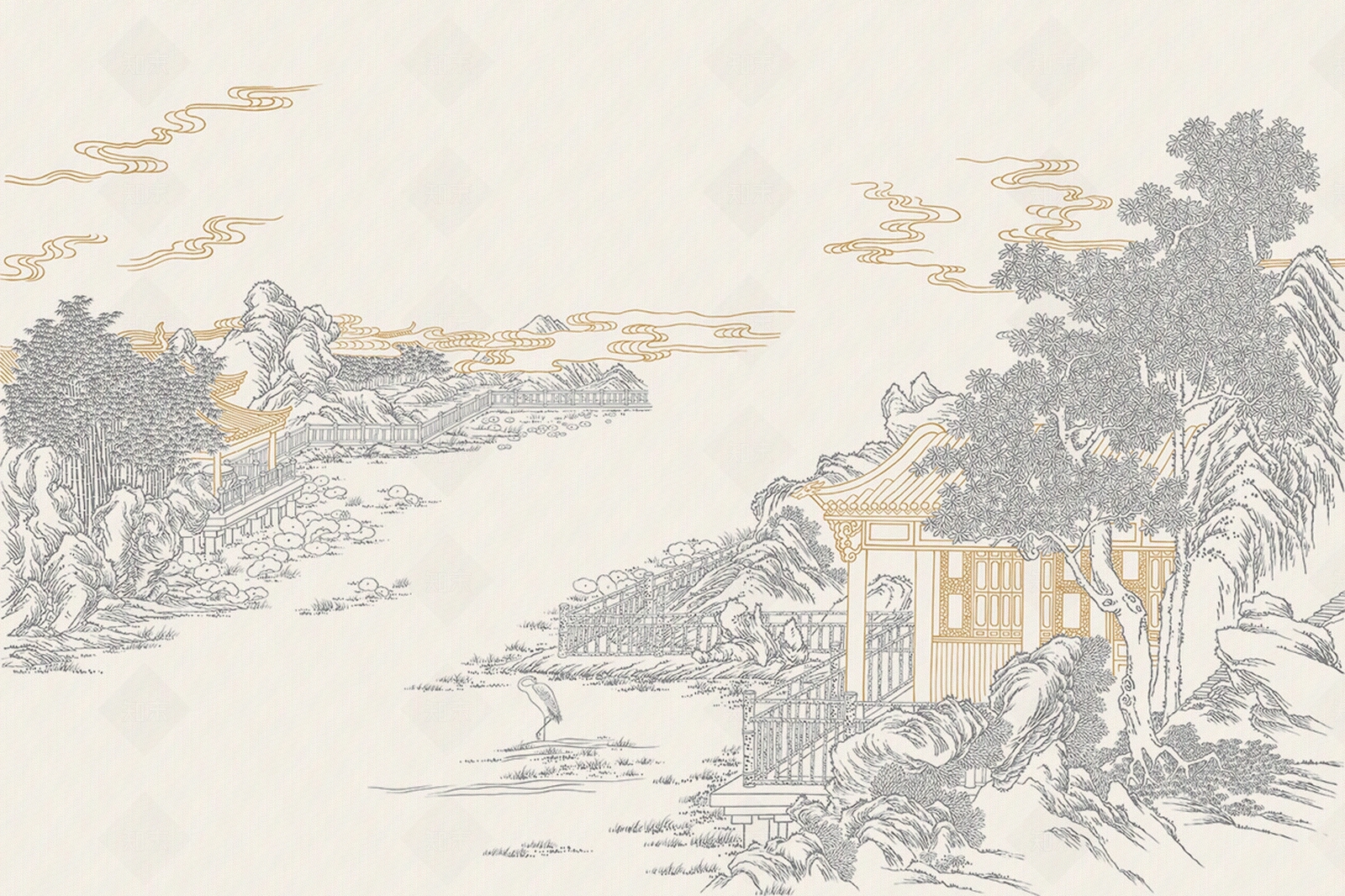 新中式山水亭子壁纸贴图下载【ID:1135129456】