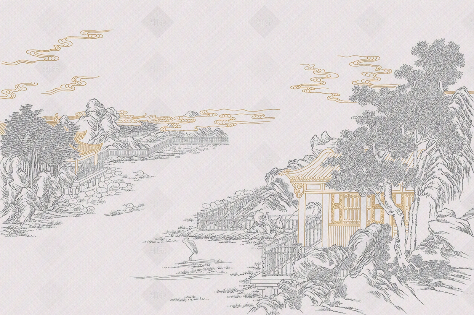 新中式山水亭子壁纸贴图下载【ID:1135129590】