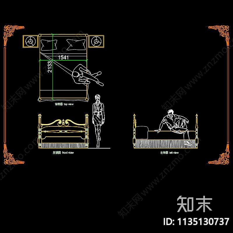 欧式床榻类三视图cad施工图下载【ID:1135130737】