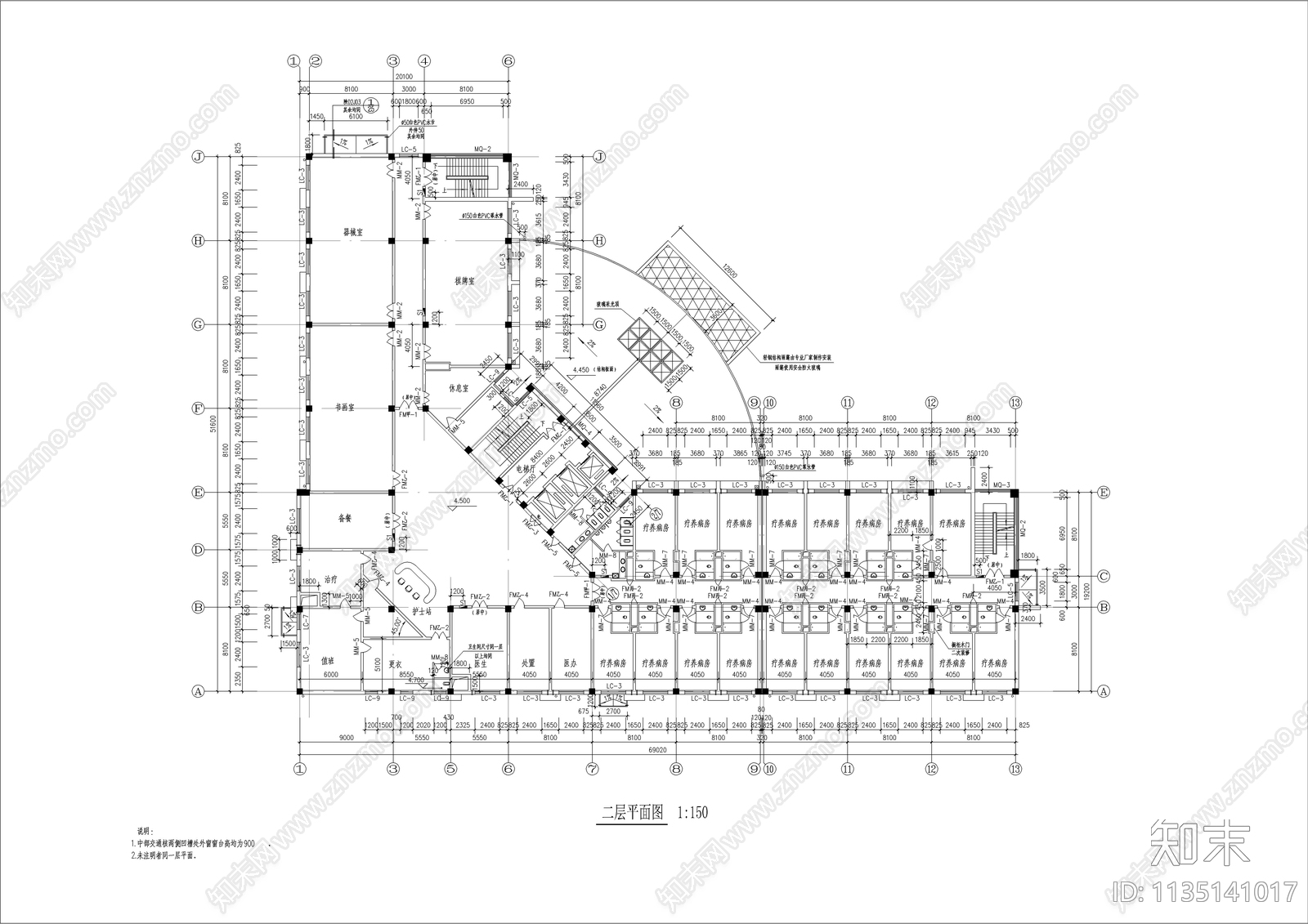 L型疗养院建筑施工图下载【ID:1135141017】