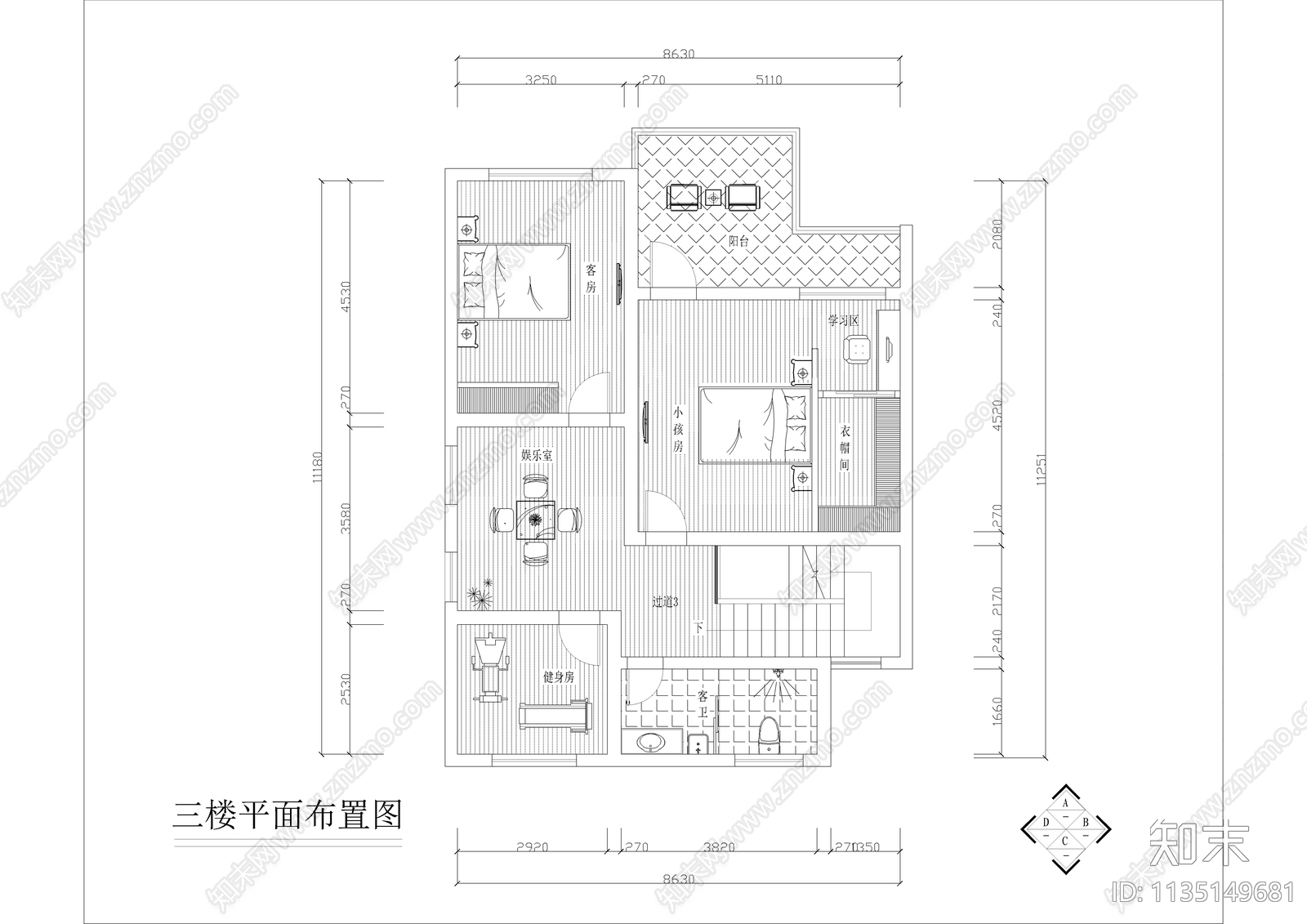 欧式三层别墅装修cad施工图下载【ID:1135149681】