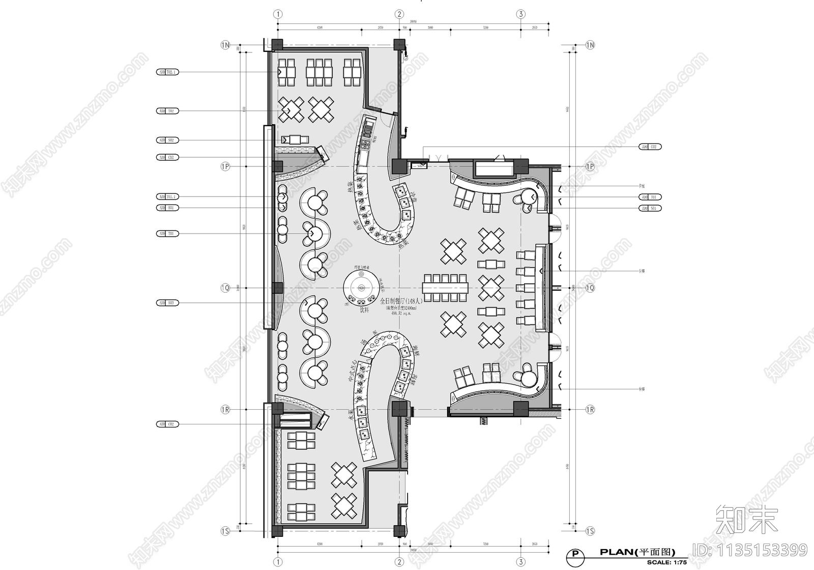 1100㎡全日制餐厅室内cad施工图下载【ID:1135153399】