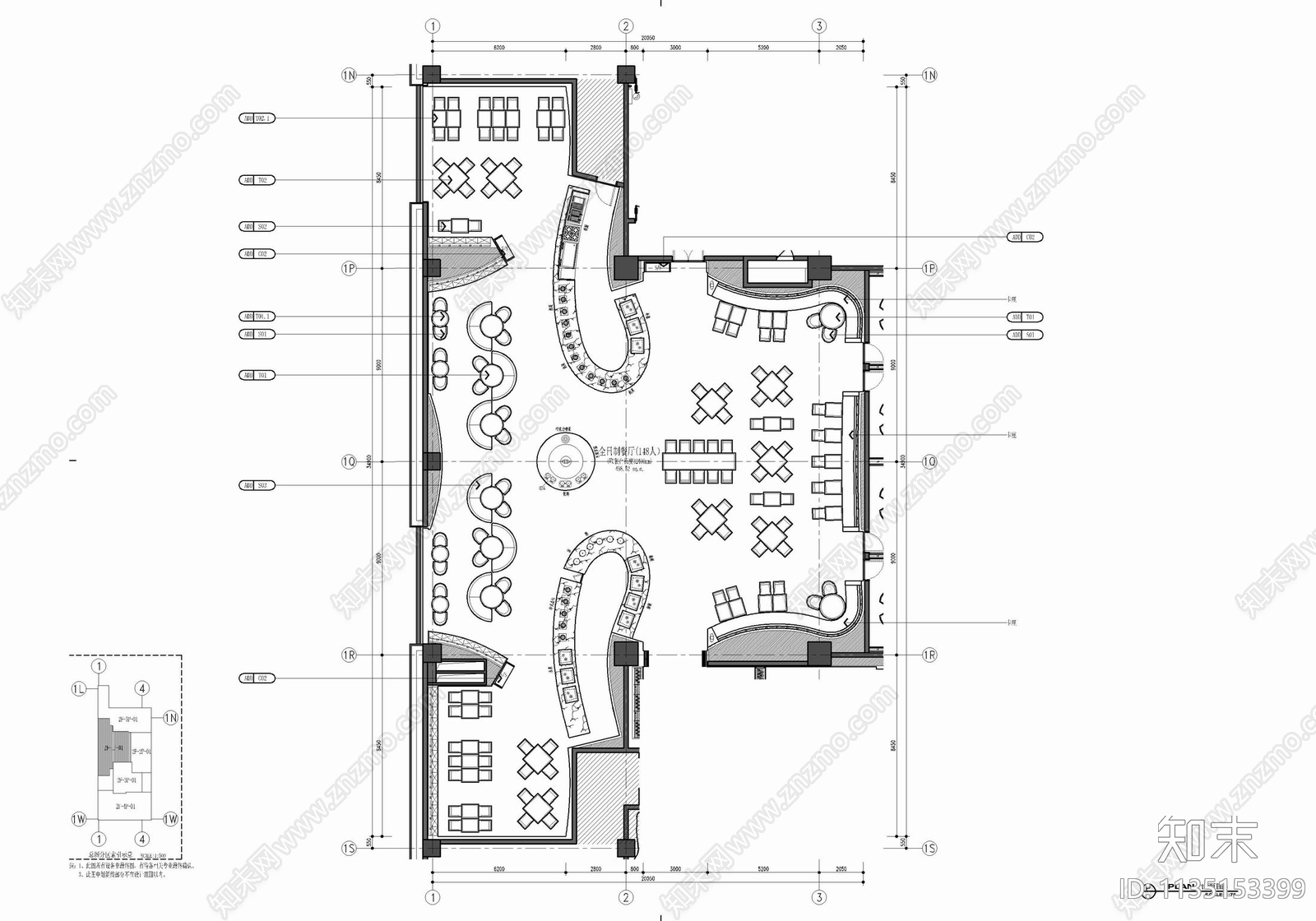 1100㎡全日制餐厅室内cad施工图下载【ID:1135153399】