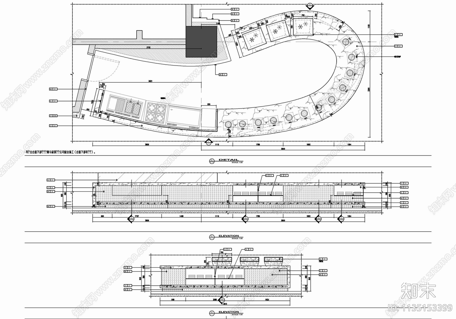 1100㎡全日制餐厅室内cad施工图下载【ID:1135153399】