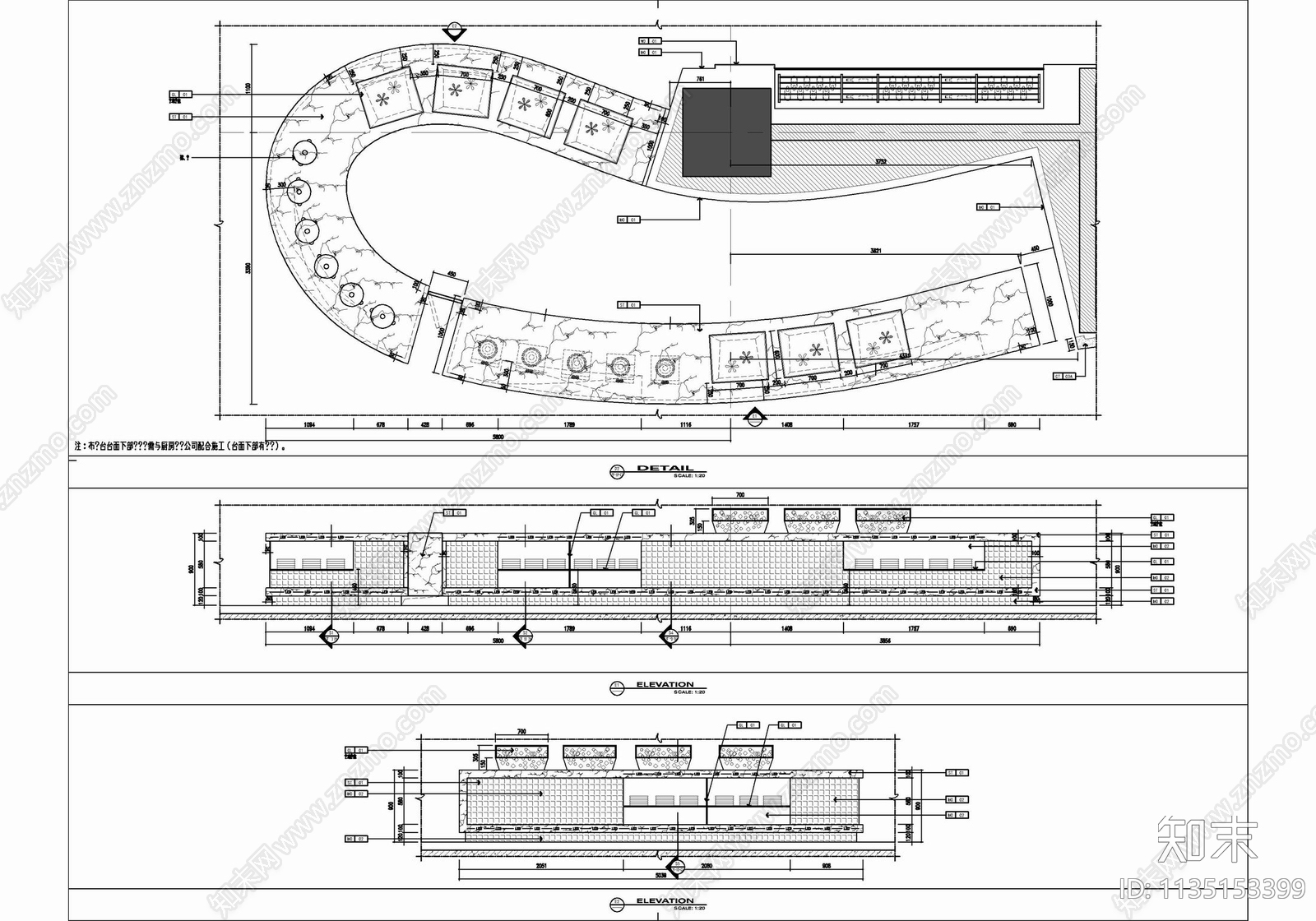 1100㎡全日制餐厅室内cad施工图下载【ID:1135153399】