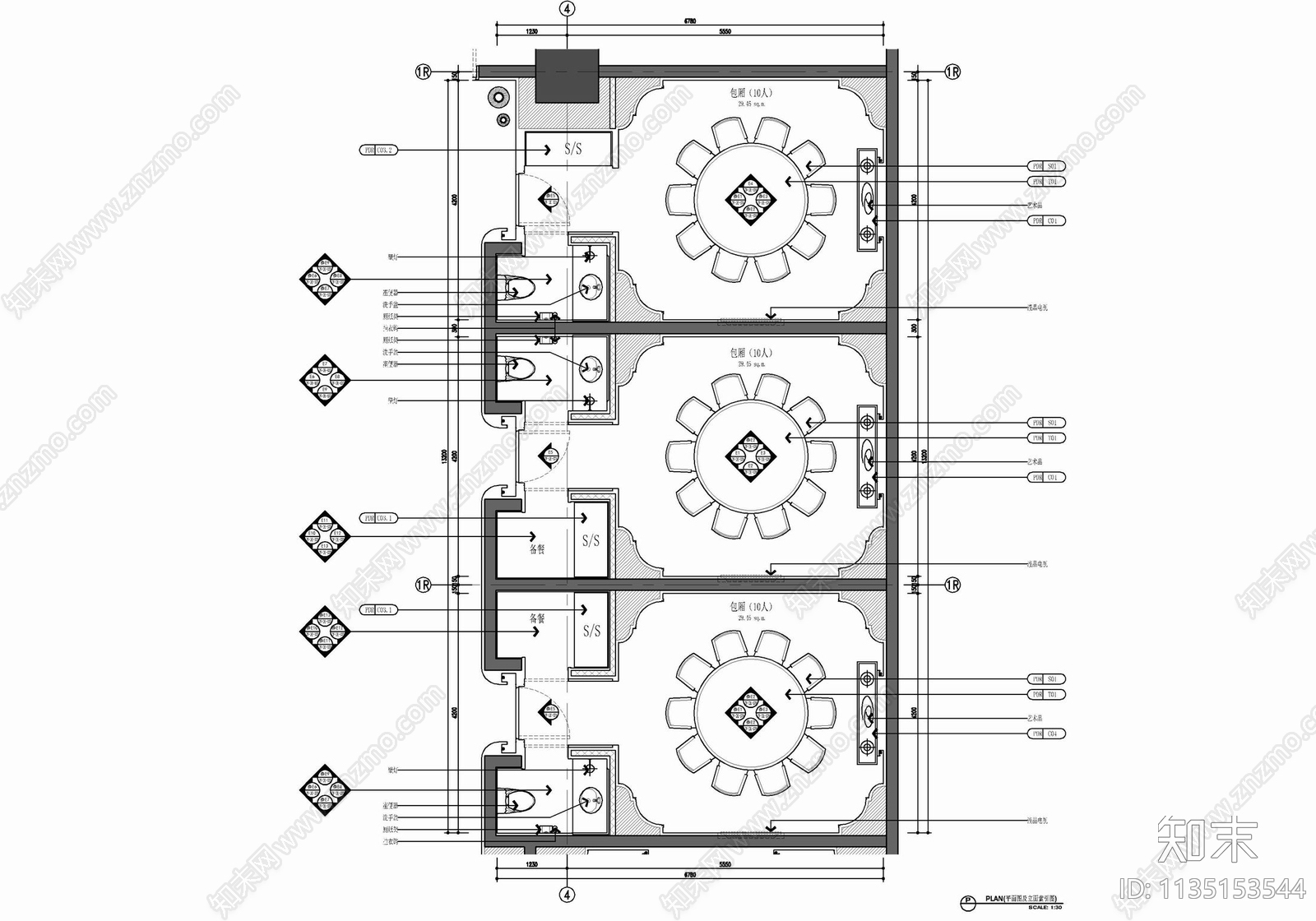 中餐厅包房及过道室内施工图下载【ID:1135153544】