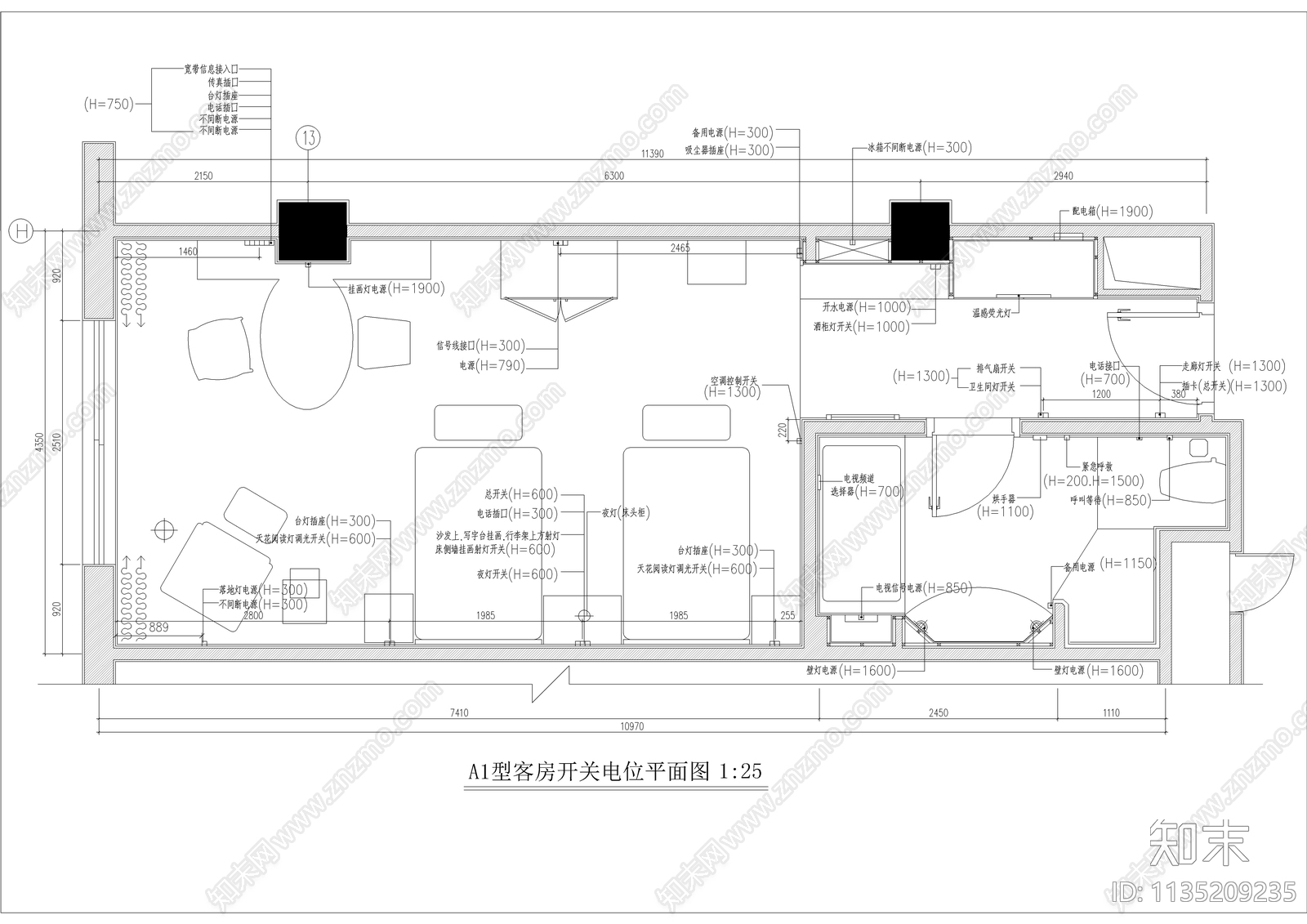 星级酒店豪华标间装修施工图下载【ID:1135209235】