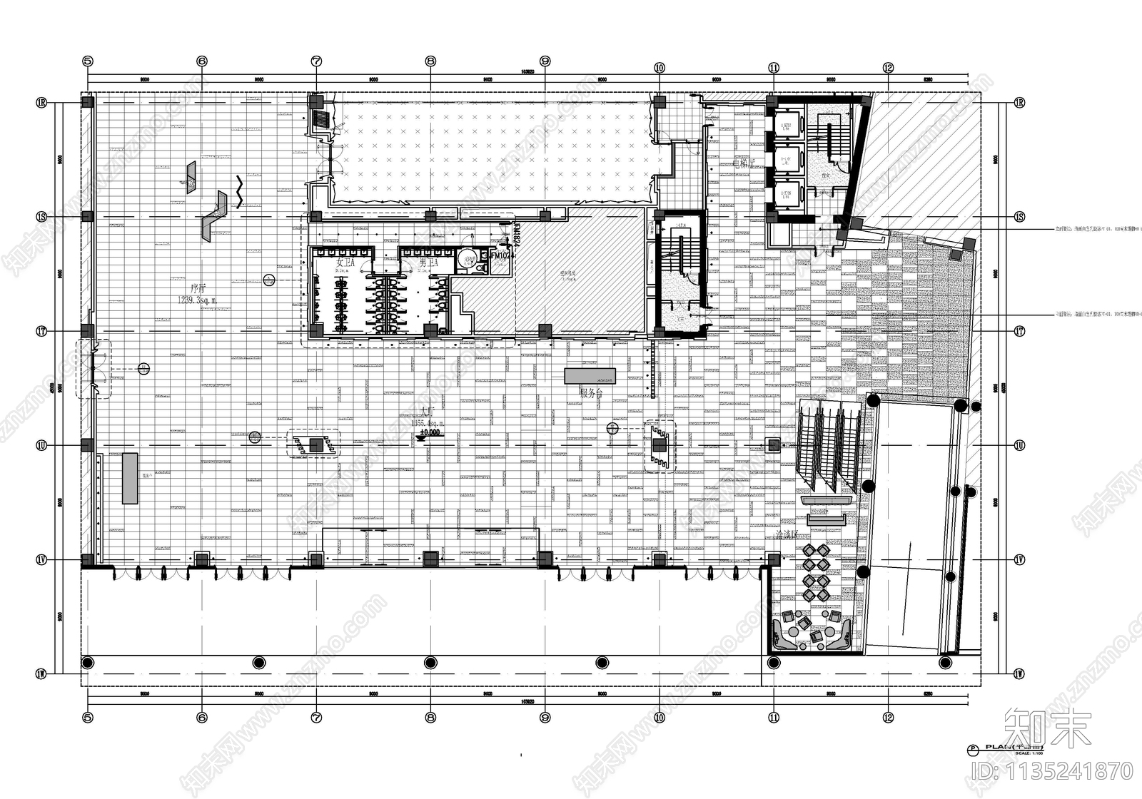 1800㎡大厅公区室内cad施工图下载【ID:1135241870】