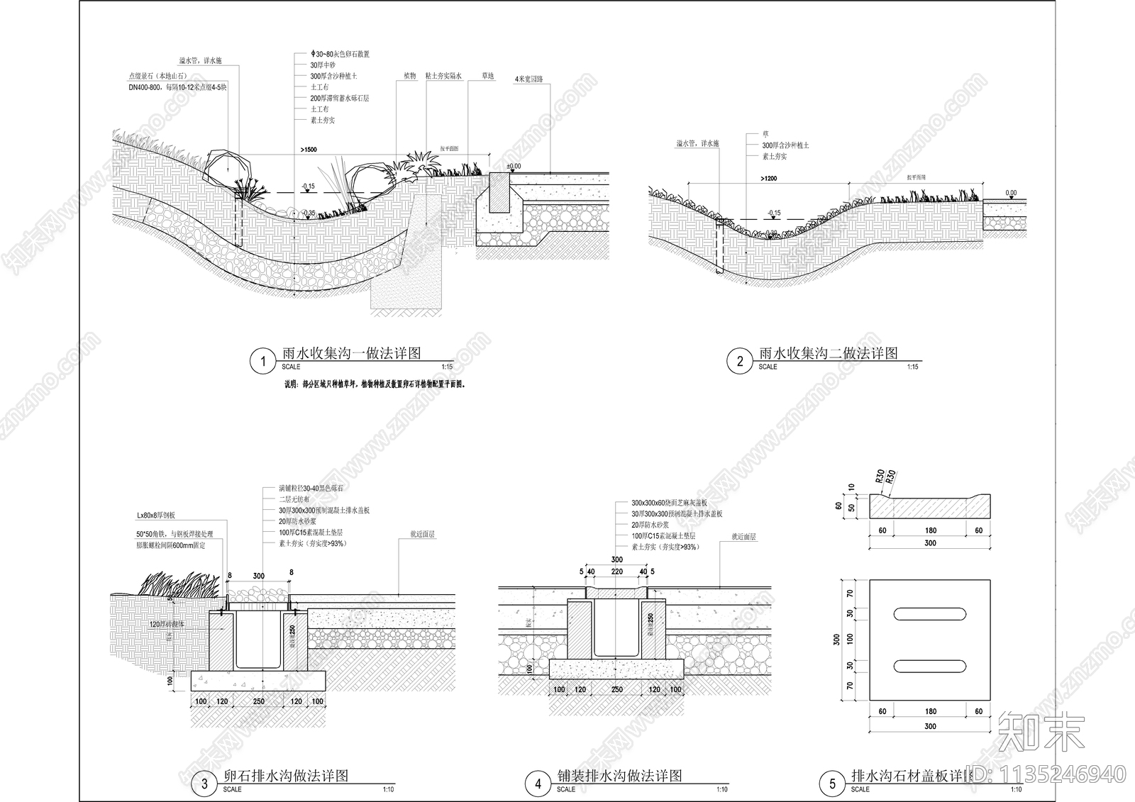 雨水收集沟植草沟排水沟节点详图cad施工图下载【ID:1135246940】