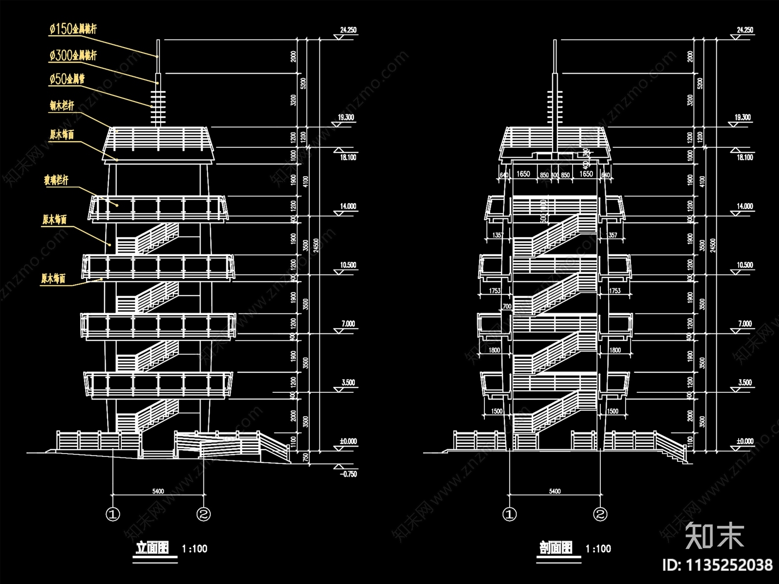 观光塔平立剖面详图cad施工图下载【ID:1135252038】