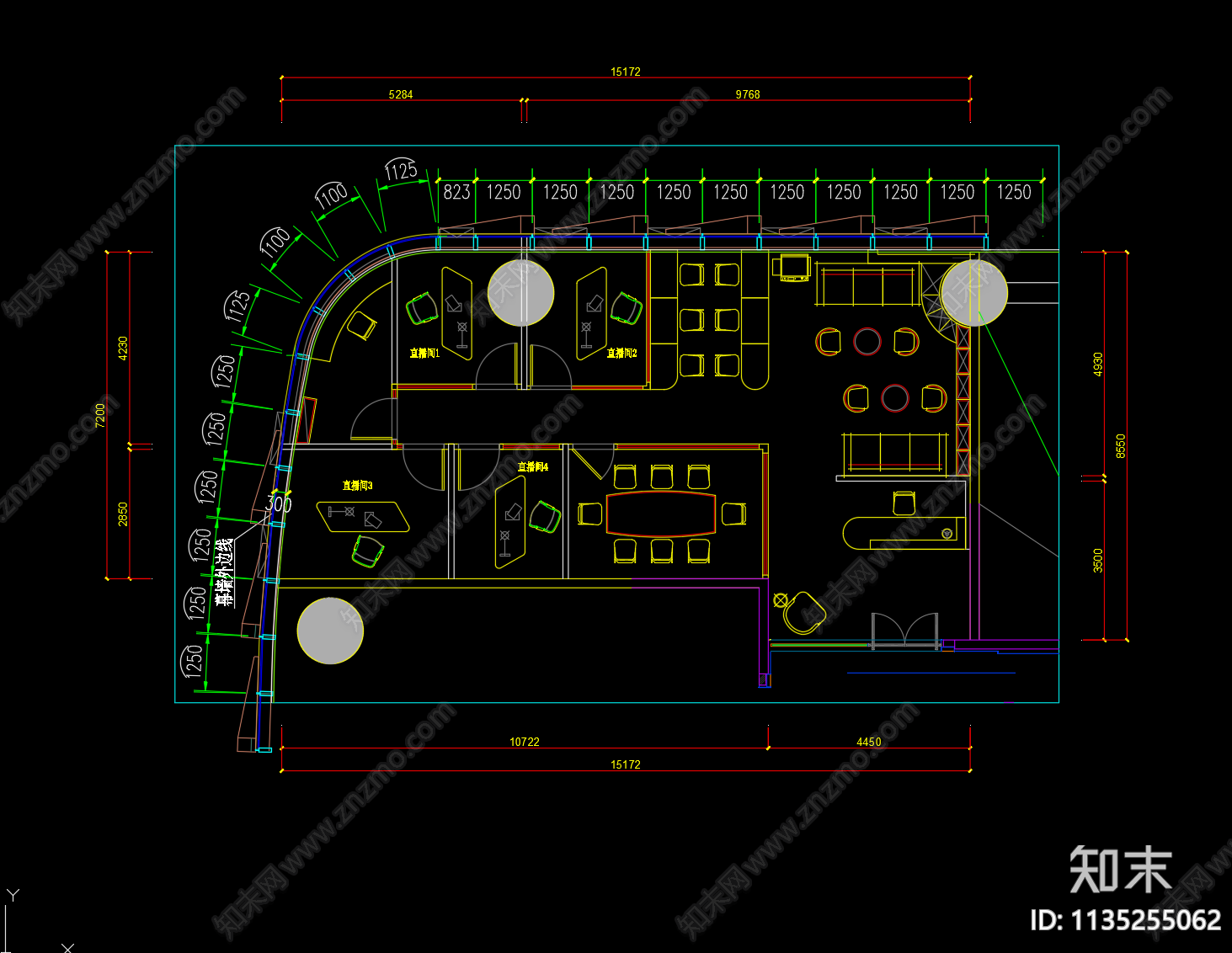 网红直播间培训基地办公室平面图cad施工图下载【ID:1135255062】