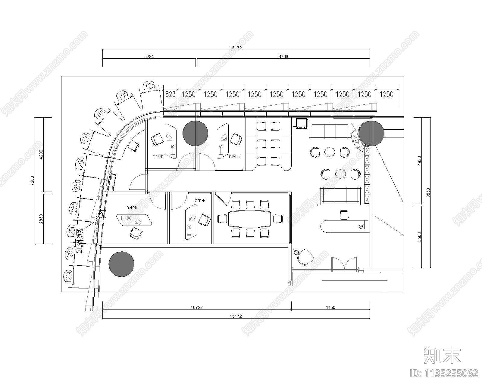 网红直播间培训基地办公室平面图cad施工图下载【ID:1135255062】