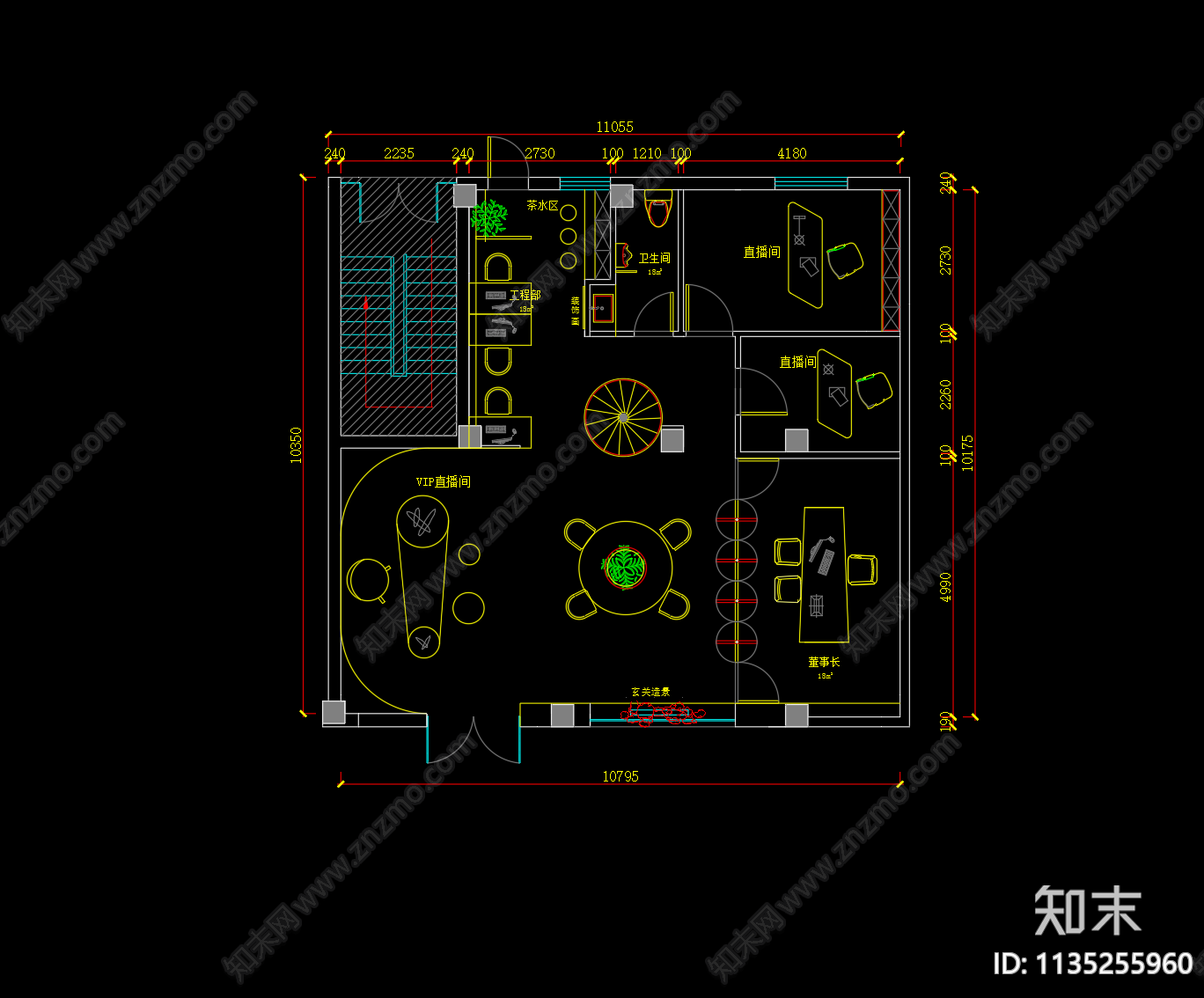 直播间培训办公室平面图cad施工图下载【ID:1135255960】