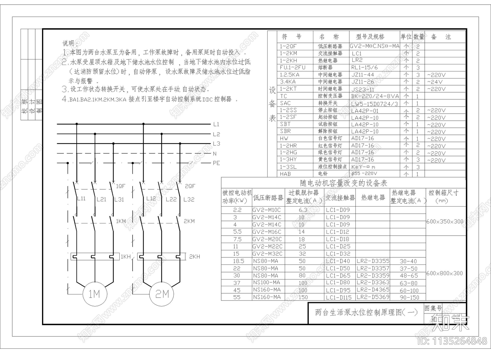 两台生活泵水位控制原理图cad施工图下载【ID:1135264848】