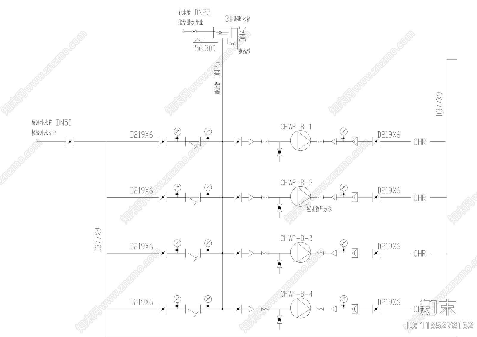 空调水系统流程图CAD图施工图下载【ID:1135278132】