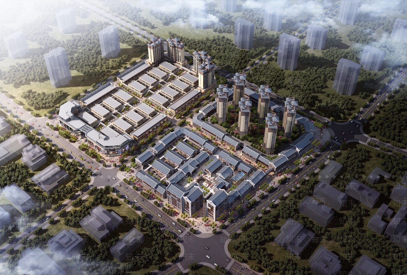 新中式高层住宅鸟瞰规划3D模型下载【ID:1135278925】