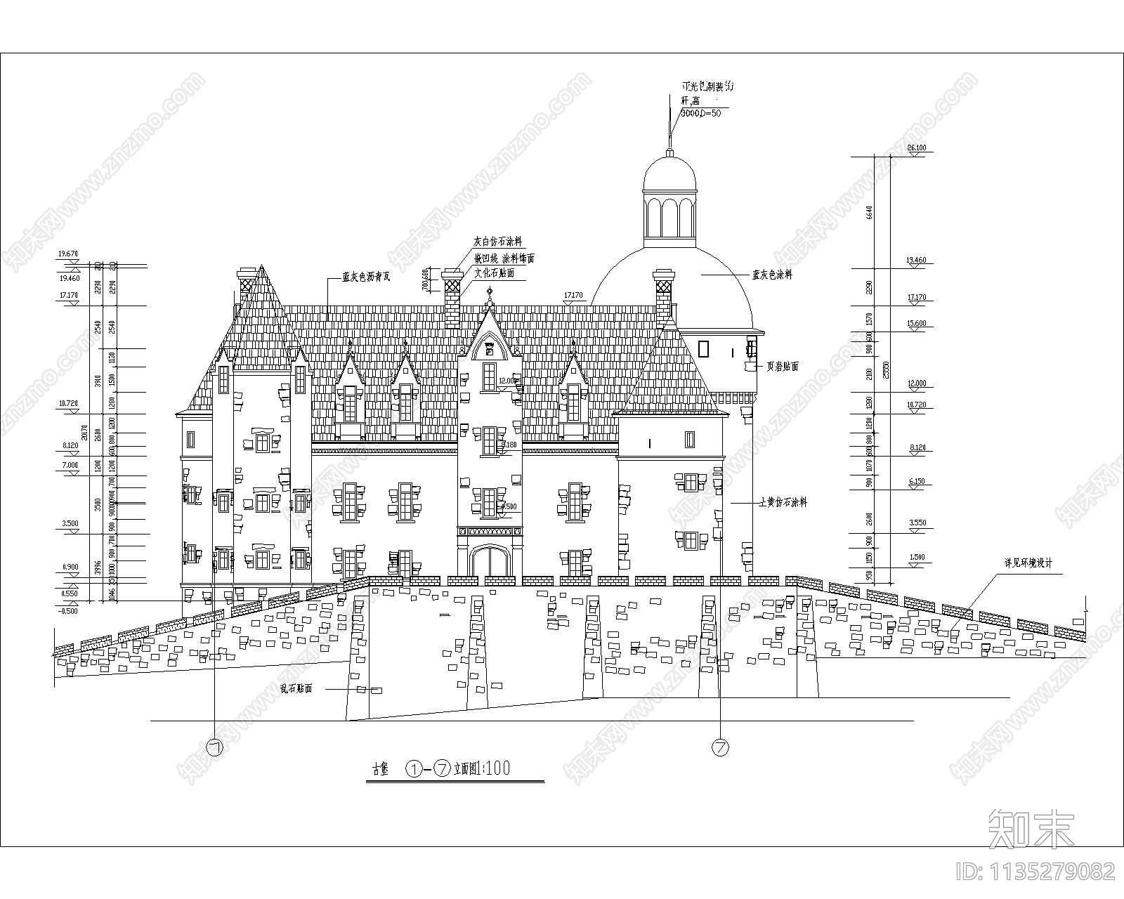 古堡建筑设计cad施工图下载【ID:1135279082】