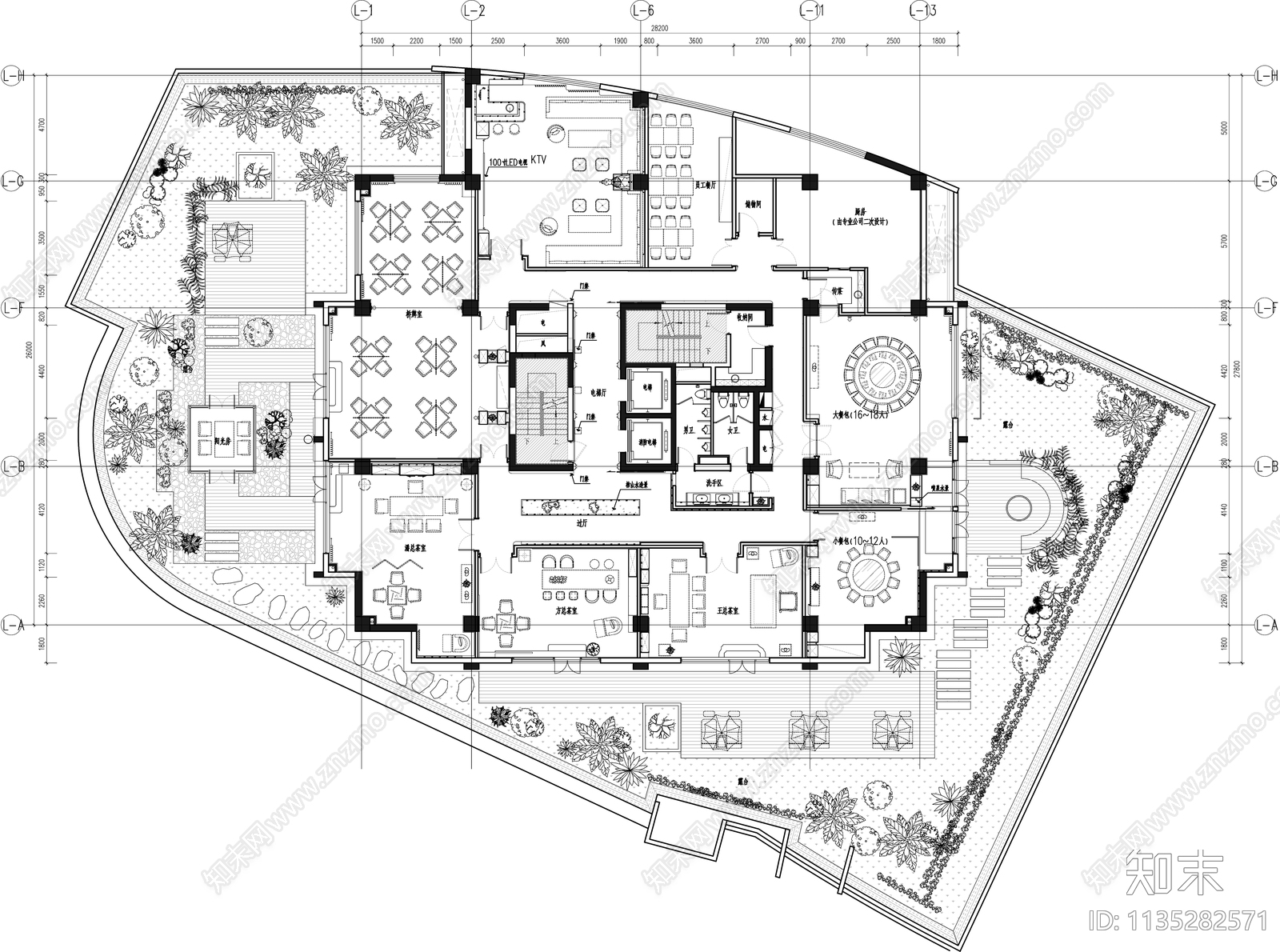 中式会所茶室平面布置图cad施工图下载【ID:1135282571】