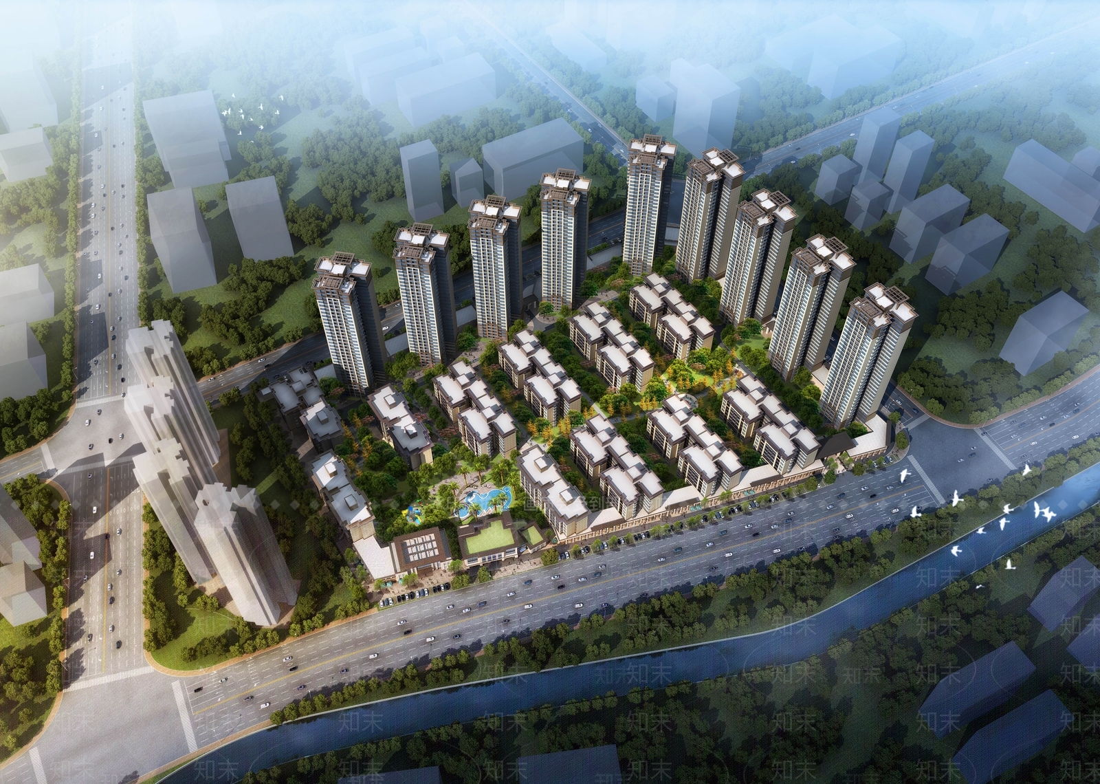 新中式高层住宅鸟瞰规划3D模型下载【ID:1135282656】