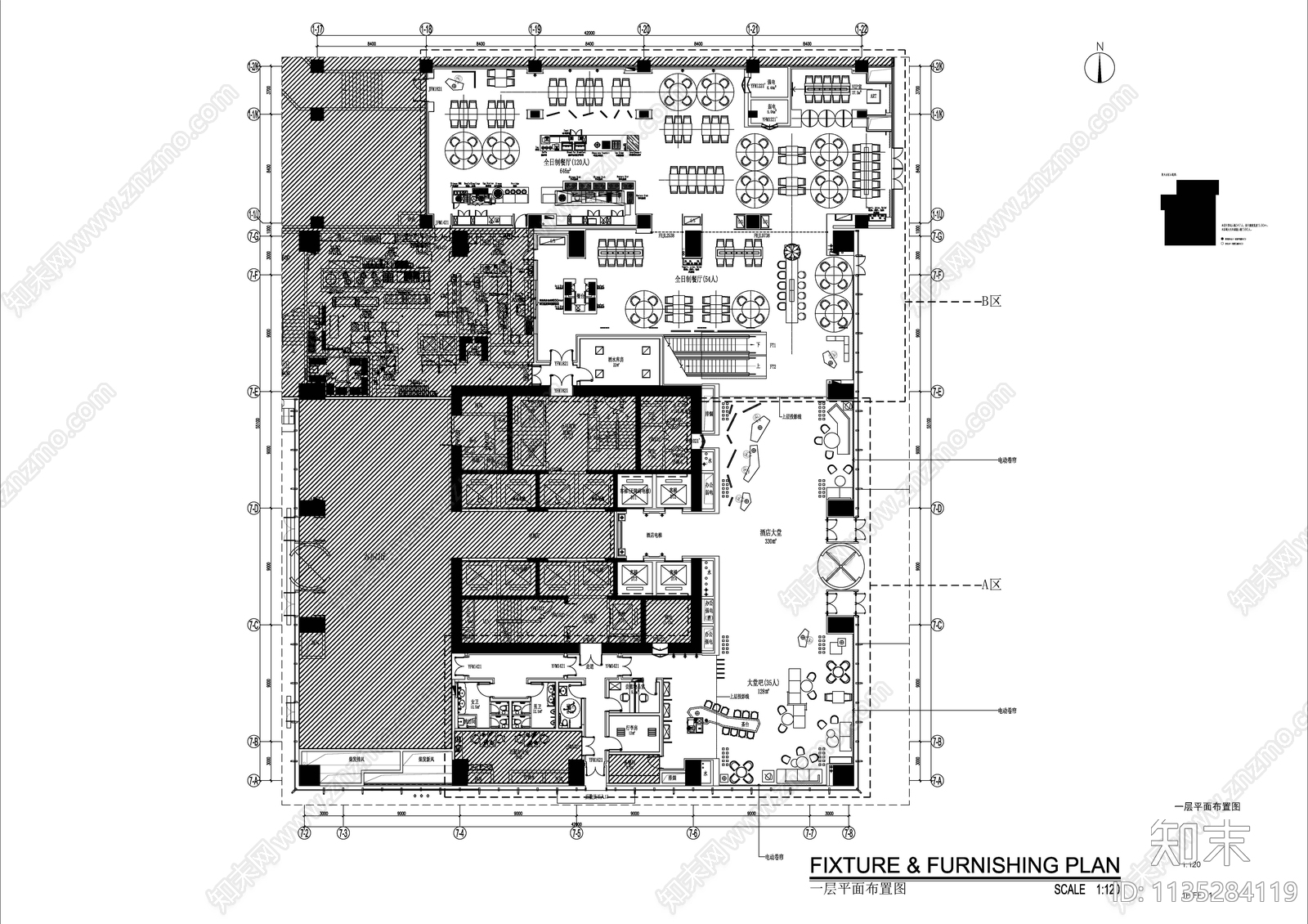 酒店一层全套cad施工图下载【ID:1135284119】