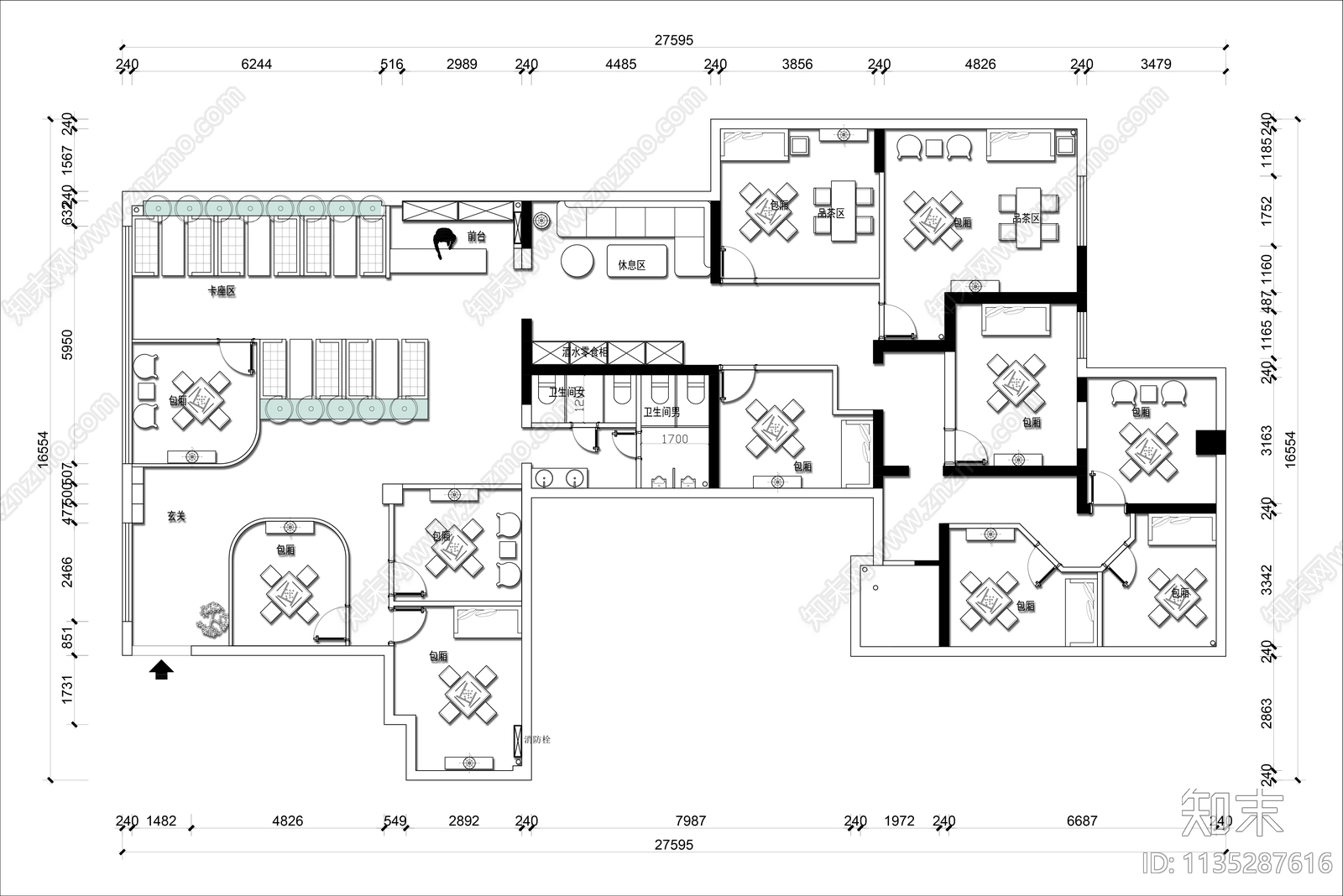 300㎡棋牌室休闲会所茶楼平面布置图cad施工图下载【ID:1135287616】