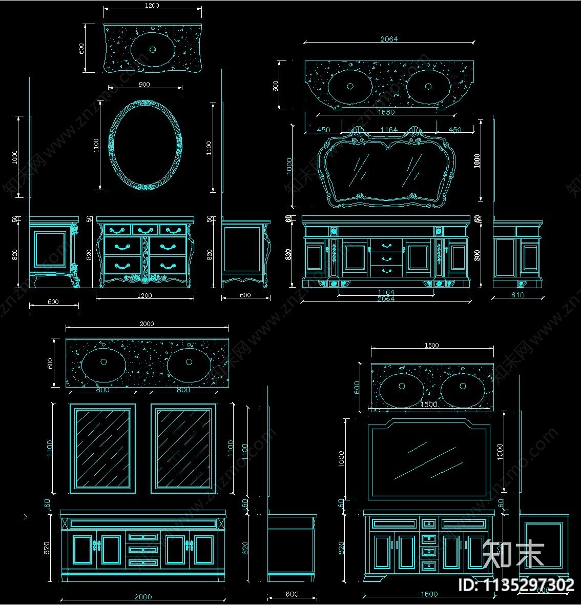 欧式浴室柜三视图施工图下载【ID:1135297302】