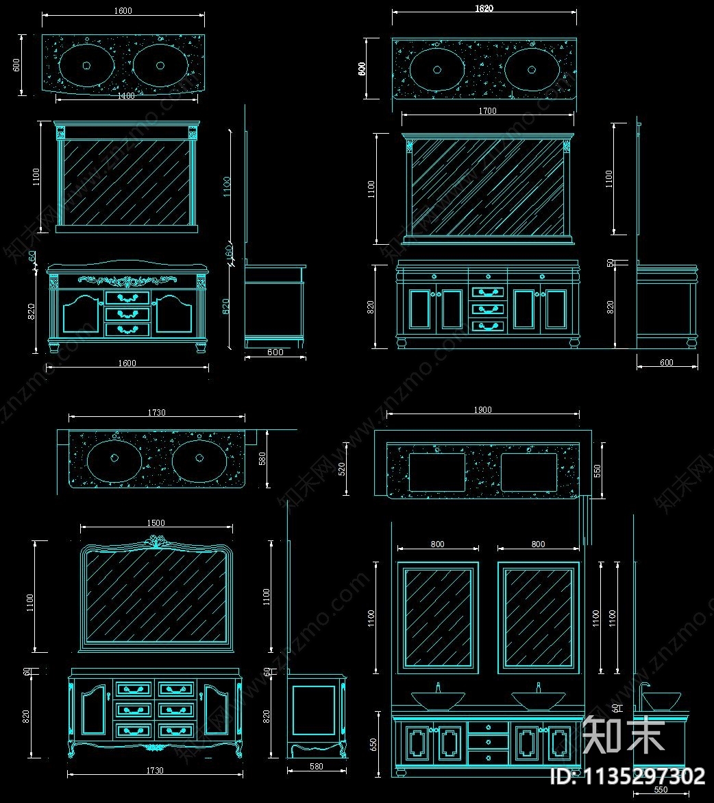 欧式浴室柜三视图施工图下载【ID:1135297302】